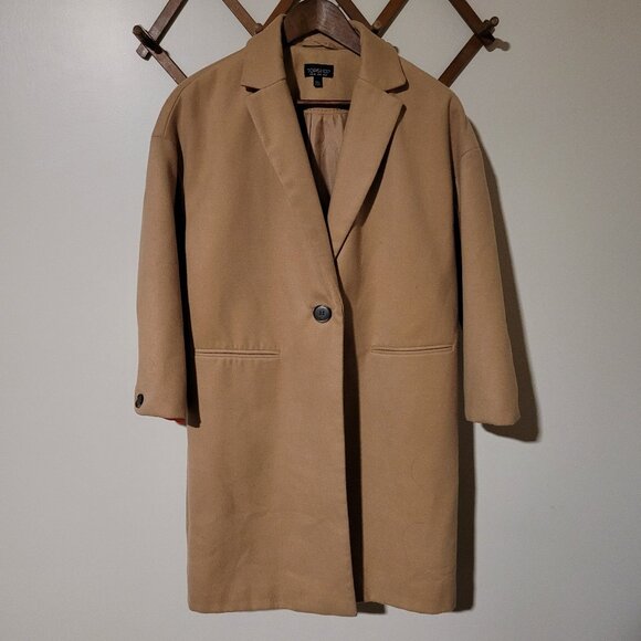 Topshop Longline Brushed Popper Coat in Camel SZ 8 - Picture 1 of 4